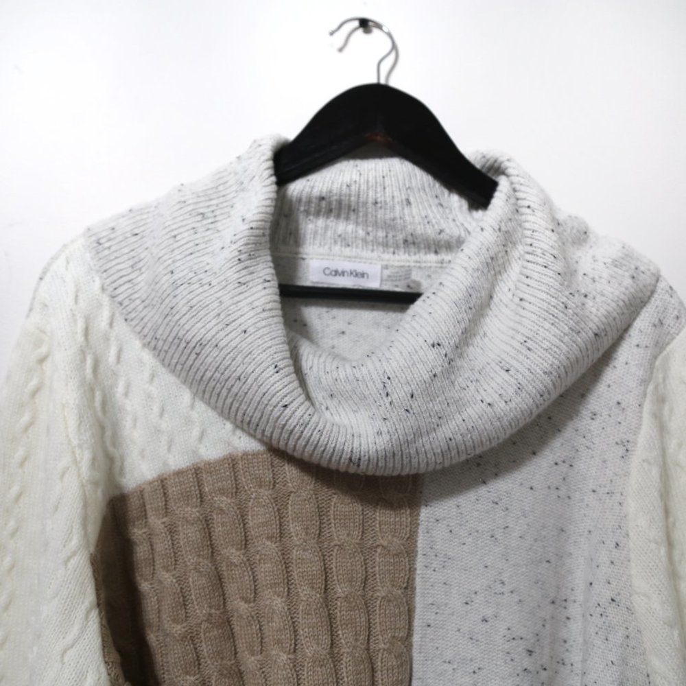 CALVIN KLEIN Acrylic Blend White Mixed Stitch Colorblocked Cowlneck Sweater - Picture 4 of 12